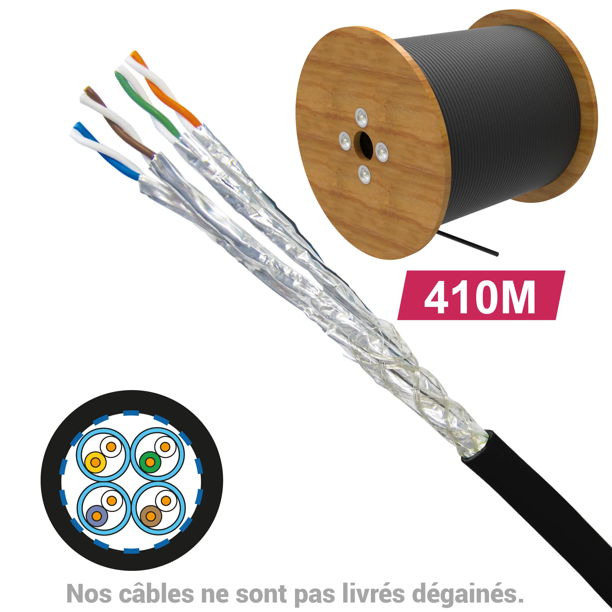 Câble CAT7 SFTP PEHD OUTDOOR 1X4P 100 OHMS AWG23 Touret 410M