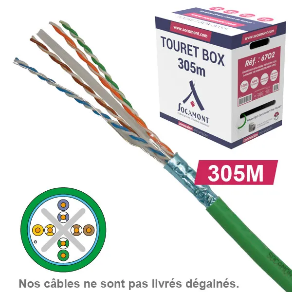 Câble réseau cuivre CAT6 FUTP, paires 1x4, en touret box : longueur : 305m