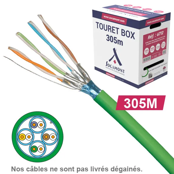 Câble réseau cuivre CAT6A FFTP, paires 1x4, en touret box : longueur : 305m