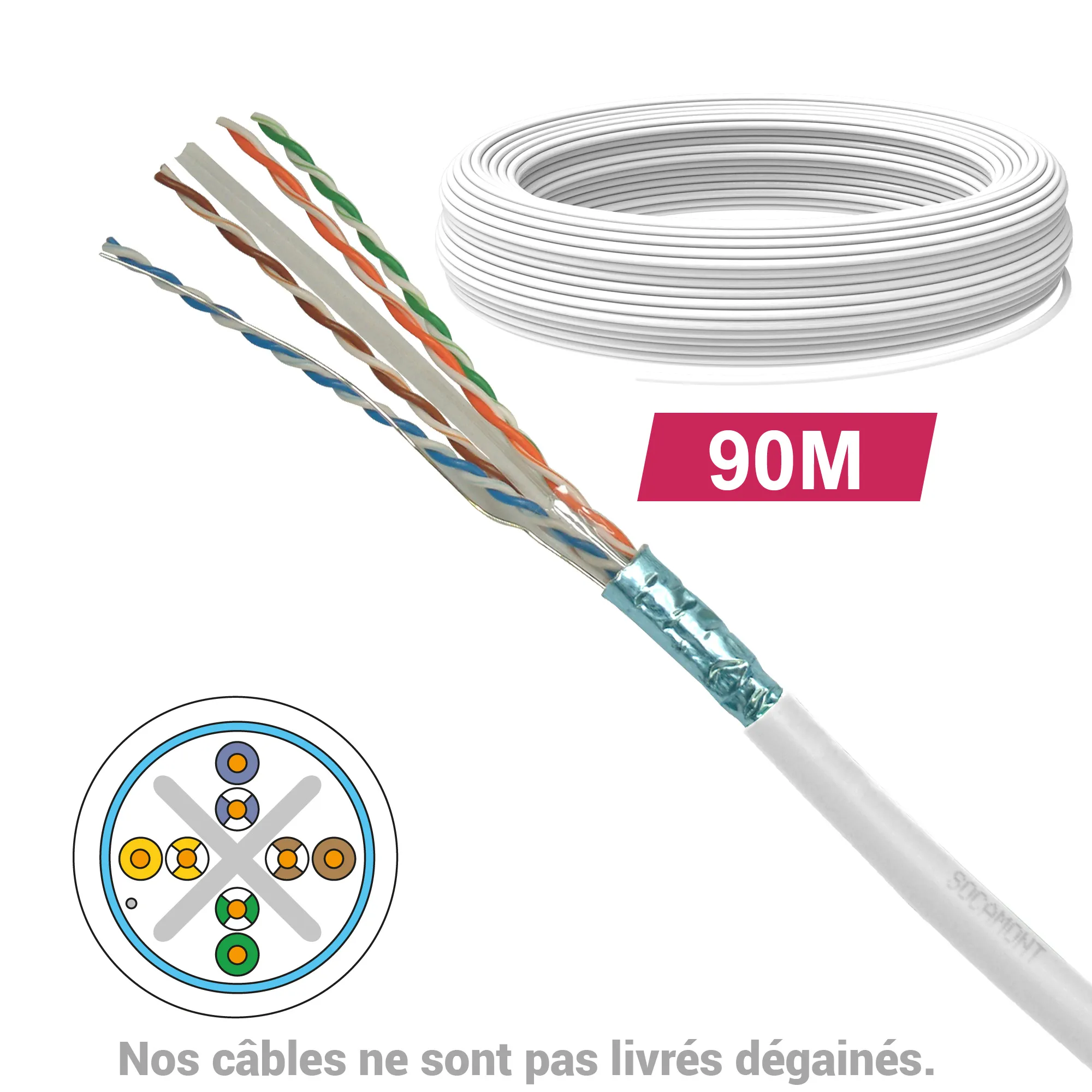 Câble CAT6 FUTP LSZH 1X4P 100 OHMS AWG23 couronne de 90M gaine blanche