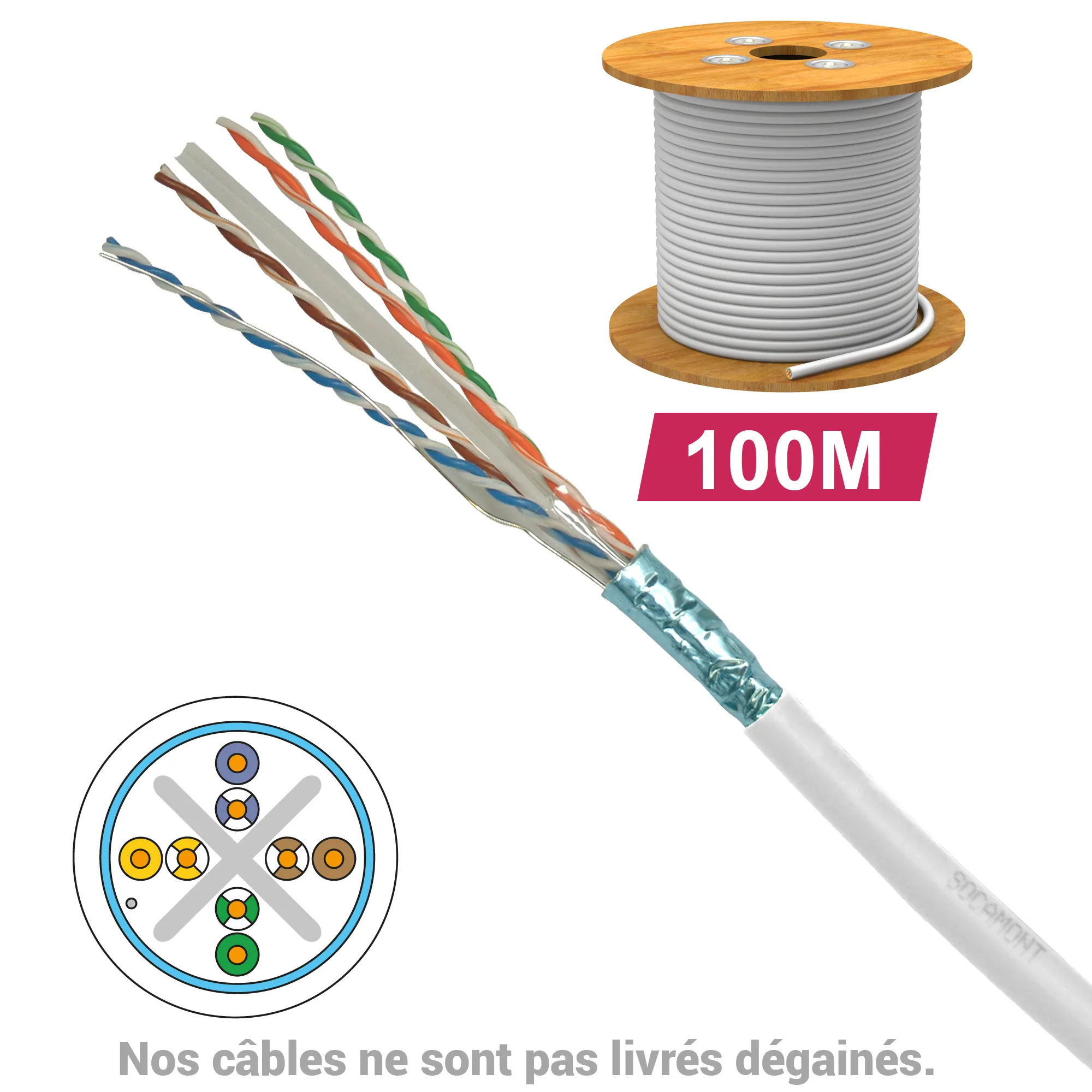 Câble CAT6 FUTP LSZH 1X4P 100 OHMS AWG23 touret de 100M gaine blanche