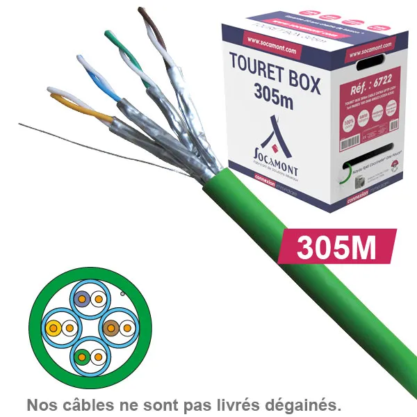 Câble réseau cuivre CAT6A UFTP, paires 1x4, en touret box : longueur : 305m