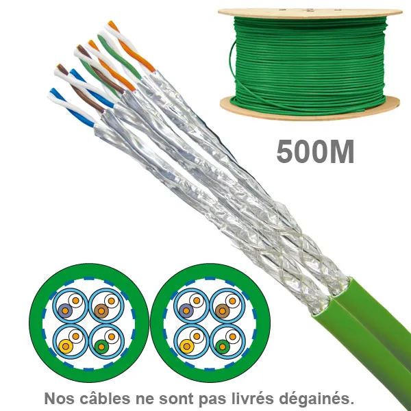 Câble réseau cuivre CAT7A SFTP, paires 2x4, en touret : longueur : 500m