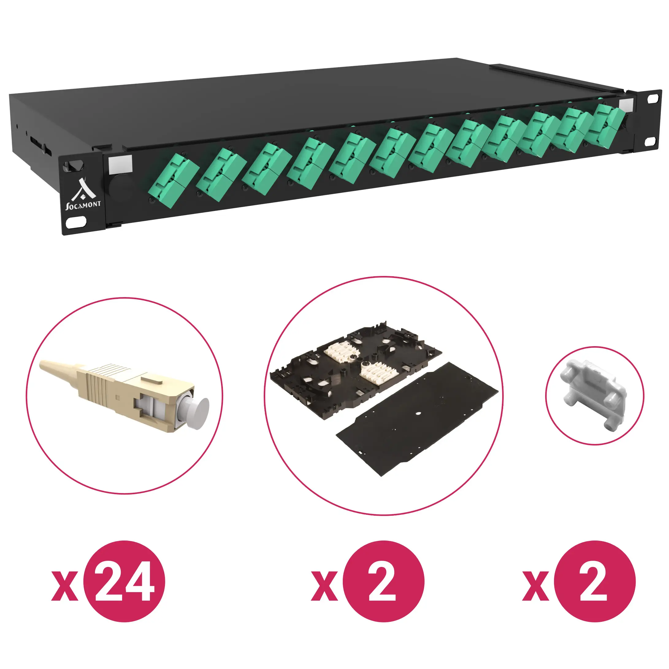 Tiroir optique 19'' 24 FO 88608 12 SC multimode DPLX inclinés OM3-4 pack accessoires