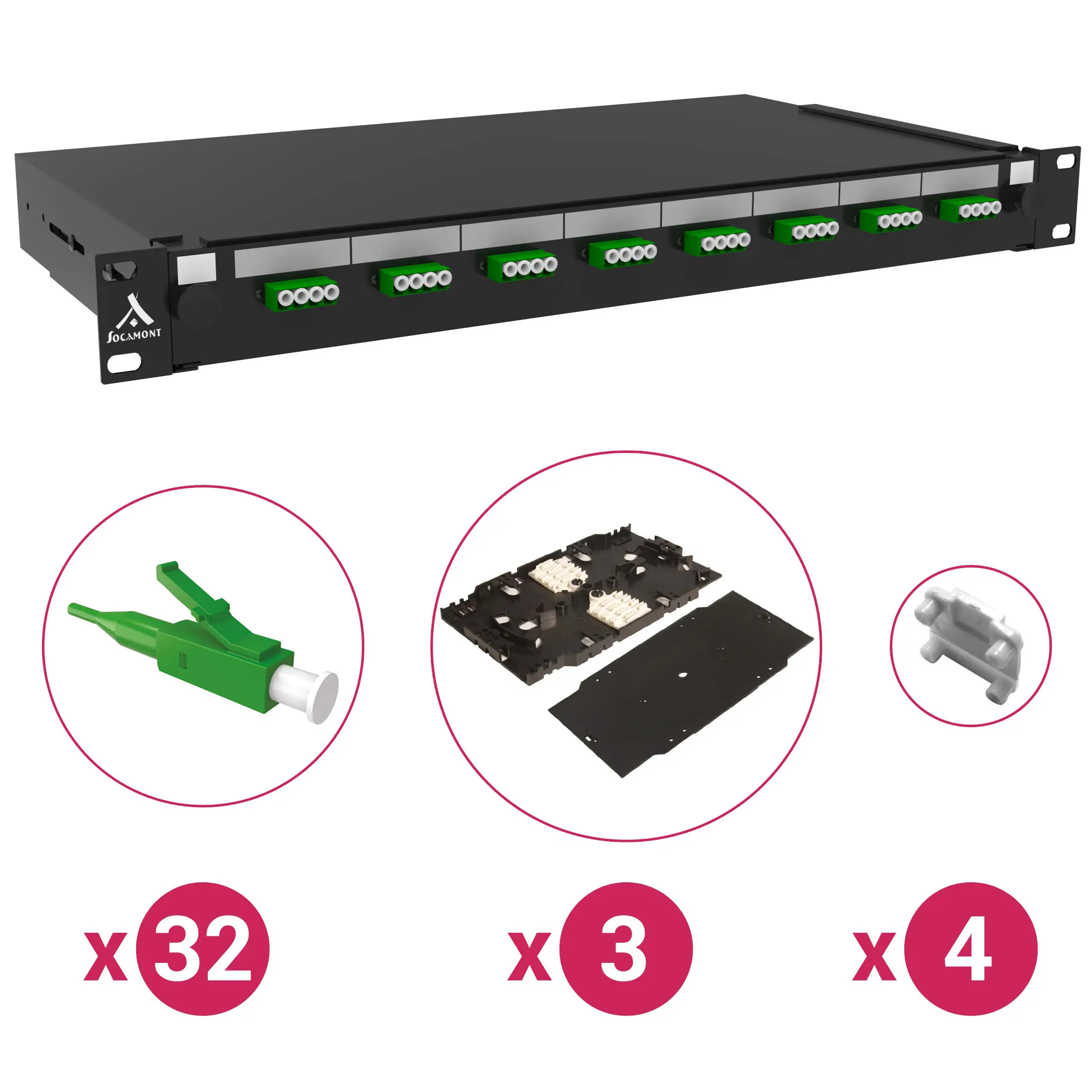 Tiroir optique 19'' 32 FO 88711 8 LC monomode APC QUAD pack accessoires